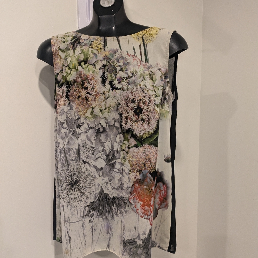 Vintage Dorothy Perkins floral print hi-/low sleeveless blouse, UK 12/US 8